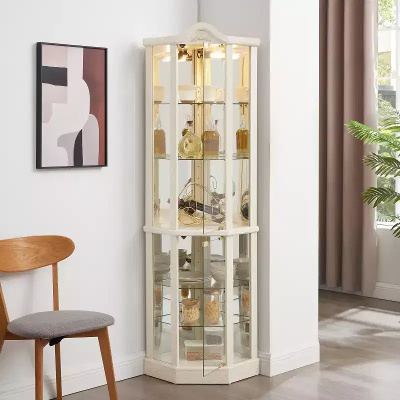 Corner Glass Display Cabinet with Light, Carved Decoration, and Adjustable Shelves for Bar or Wine