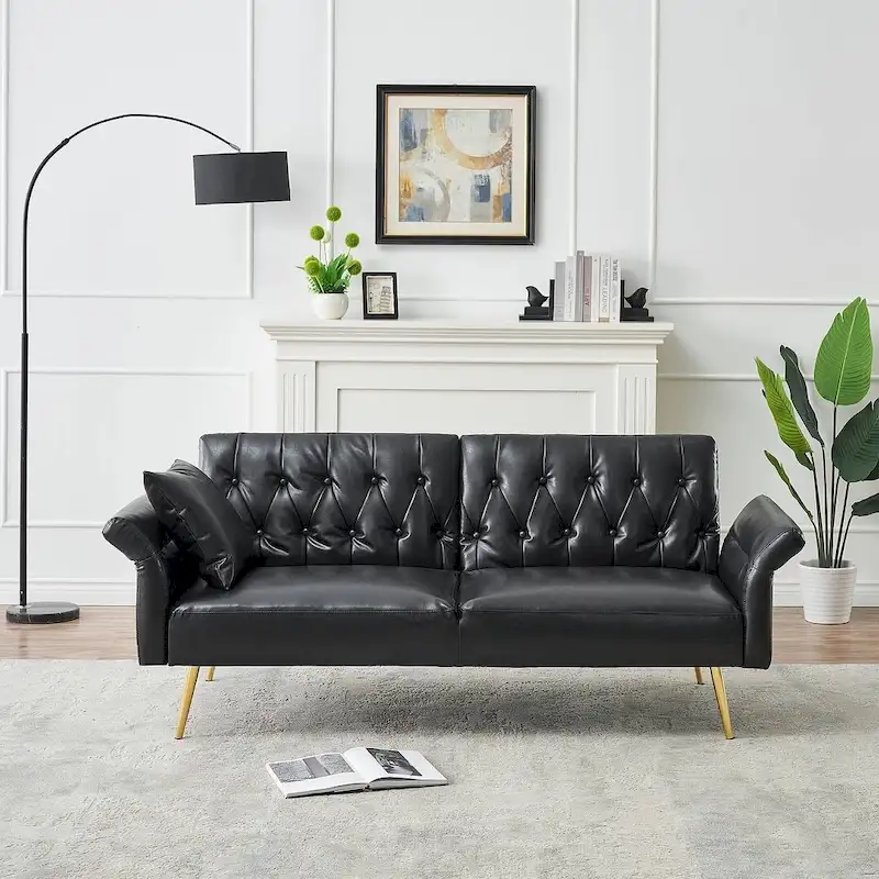 Futon Sofa Bed, Faux leather Foldable Couch Convertible Loveseat Sleeper Daybed with Adjustable Armrests for Small Space