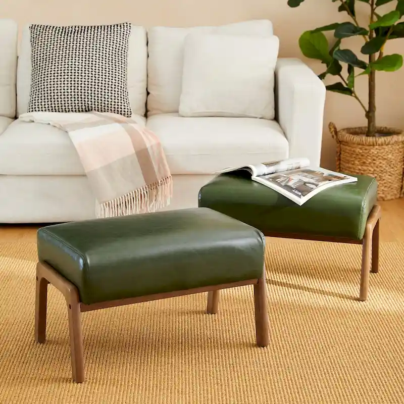 Glitzhome Set of 2 Mid-century Leatherette Ottoman Accent Stools