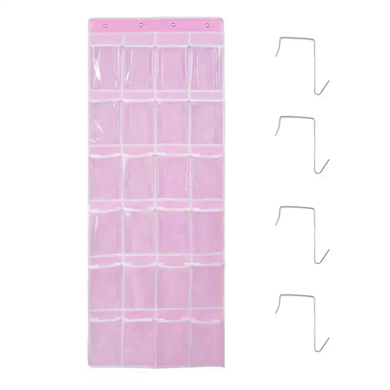 Acekool 24-Pocket Headphone Storage Bag with 4 Hooks, Clear PVC Over-the-Door Classroom Organizer for Headphones Phones Calculators