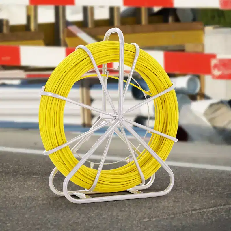 VEVOR Fish Tape Fiberglass, 656 ft, 1/4 inch, Duct Rodder Fishtape Wire Puller, Cable Running Rod with Steel Reel Stand, 3 Pulling Heads, Fishing Tool