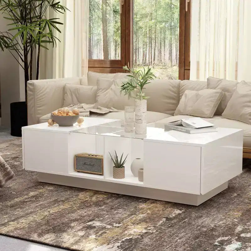 White High-Gloss LED Coffee Table with Drawer & Open Compartments