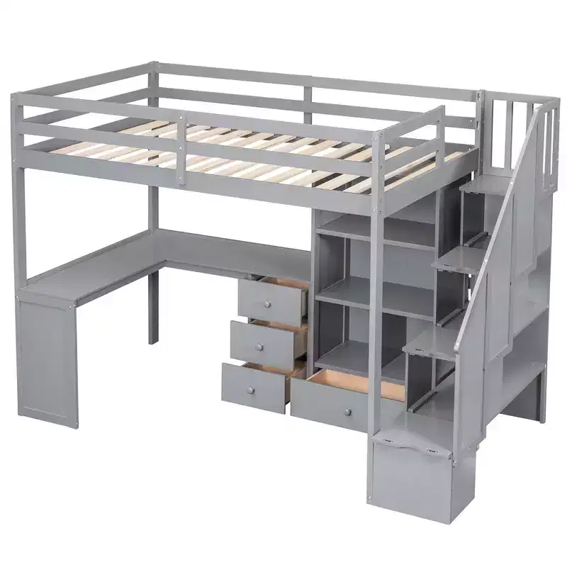 Twin Size Loft Bed with L-Shaped Desk, 3 Drawers, Cabinet, Staircase Storage, Solid Pine/MDF Build