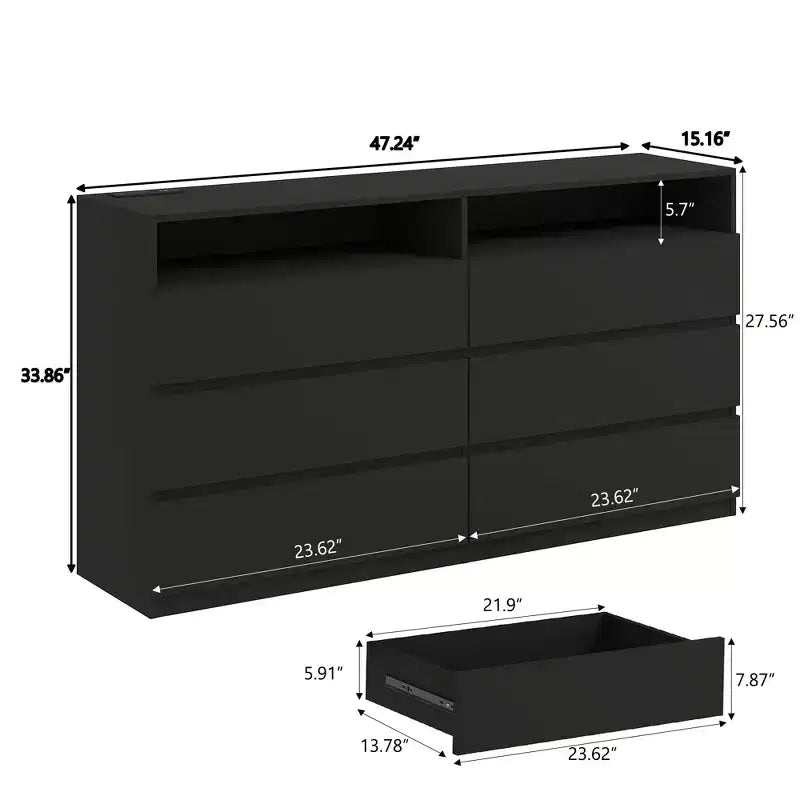 Modern 6-Drawer Dresser with LED Lights & Power Outlet - Double Wide Storage Organizer / TV Stand