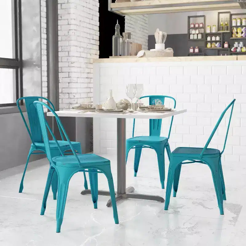 Flash Furniture Commercial Grade 4 Pack Distressed Metal Indoor-Outdoor Stackable Chair