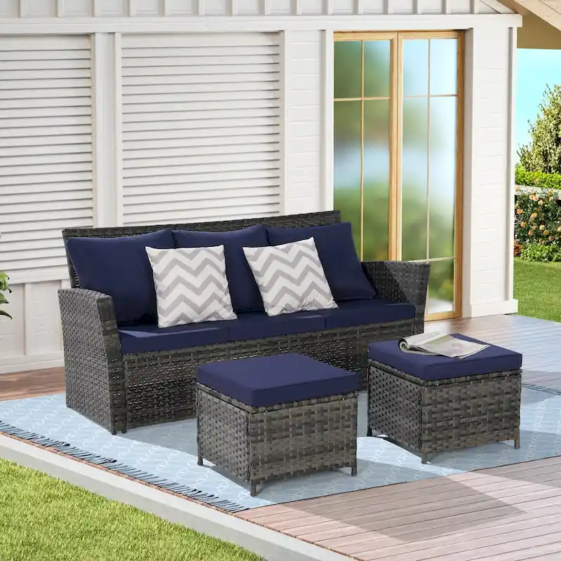 3 Piece Outdoor Wicker Rattan Patio Conversation Sets with Two Ottoman for Backyard, Balcony