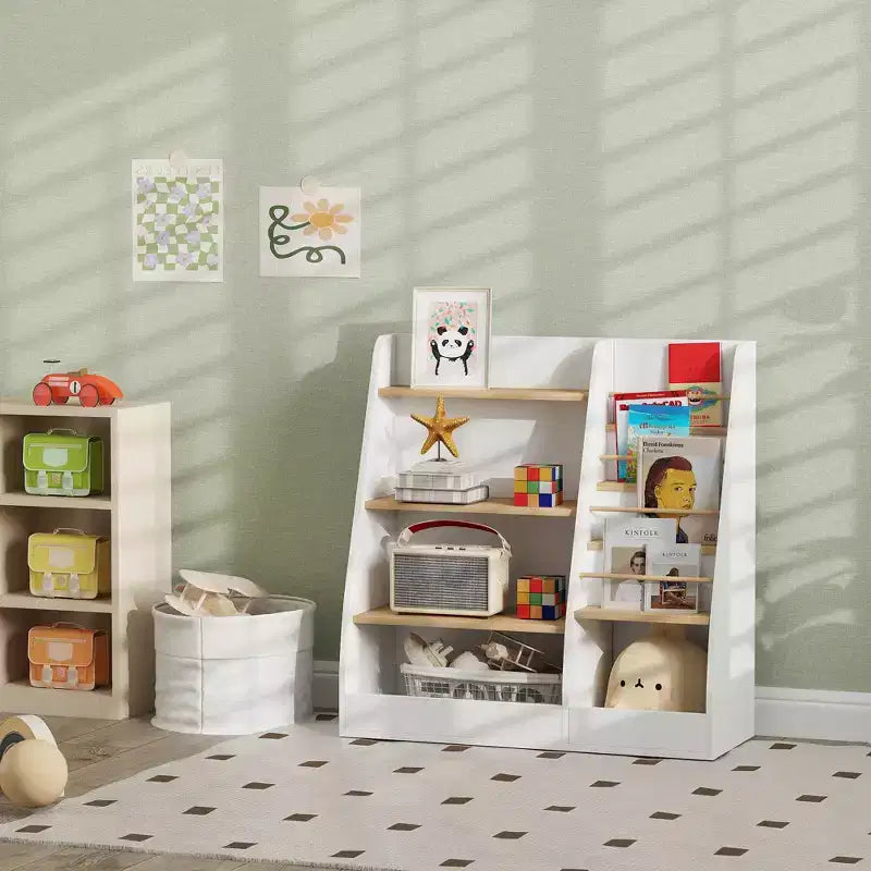 Qaba 4 Tier Kids Bookshelf and Toy Storage Organizer with Book Rack, for Living Room, Kids Room, Playroom, Bedroom, Nursery, Study, Library, Classroom