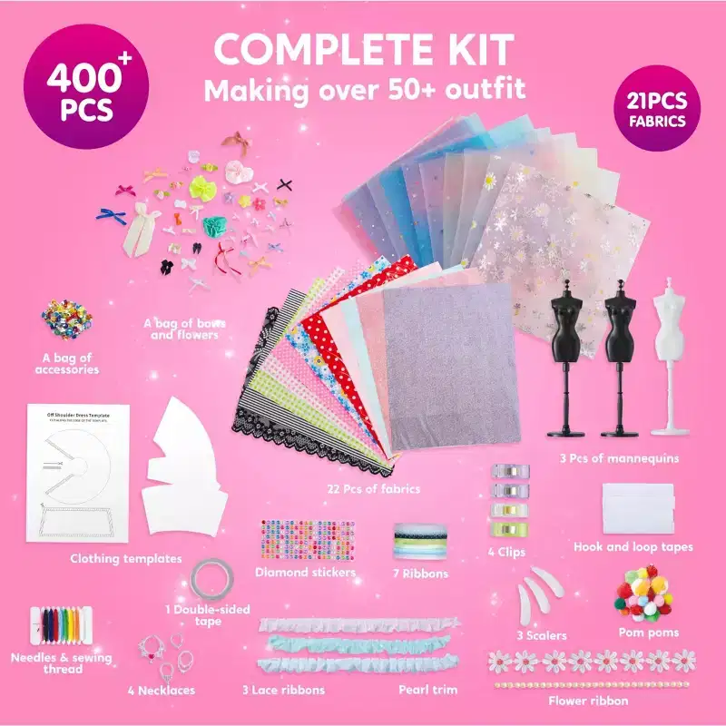 Joyfy 400+ Pcs Fashion Design Kit, Sewing Kit for Kids Age 8-12, DIY Arts & Crafts, Creative Girl Toys Ideal Birthday Christmas Gift for Young Girls