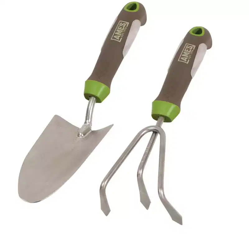 4-Piece Bundle Ergo Gel Grip Hand Trowel, Hand Cultivator, Hand Weeder, and 2 Prong Hoe Garden Tool Set - AMES