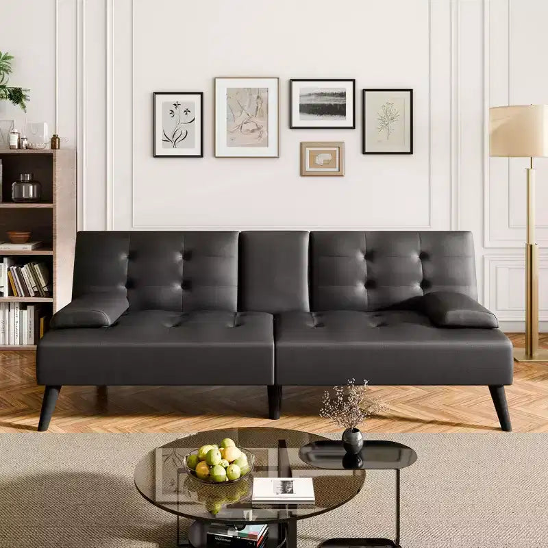 Celebalcony Futon Sofa Bed, Leather Foldable Couch,with Removable Armrests, Upholstered Loveseat Sofa with Folding Cup Holders for Home, Office, Black