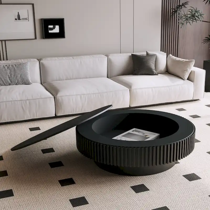 Modern Solid Wood Veneered Round Coffee Tea Table with Storage