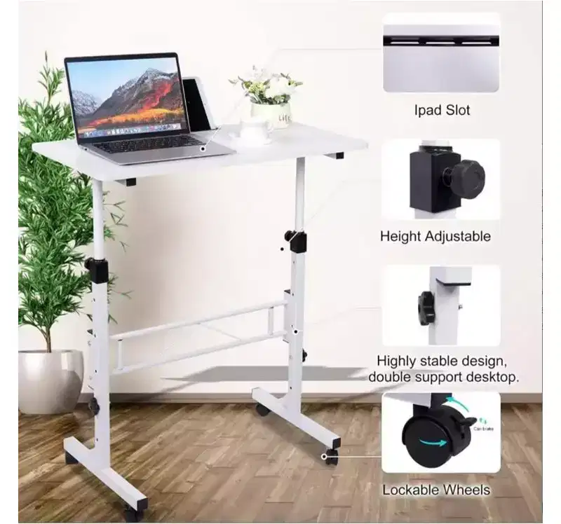 1 Set Mobile Standing Desk, Iron & MDF, Height Adjustable 32-inch Portable Laptop Table with Wheels,