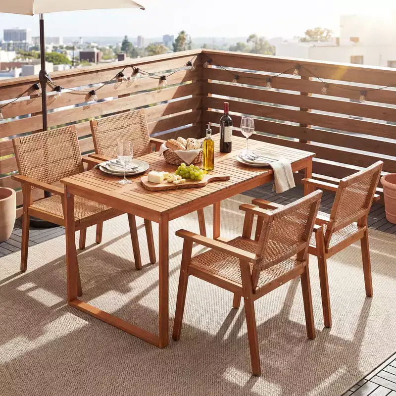 Gymax 5PCS Acacia Wood Dining Set Outdoor Table & Rattan Chairs for Balcony Poolside