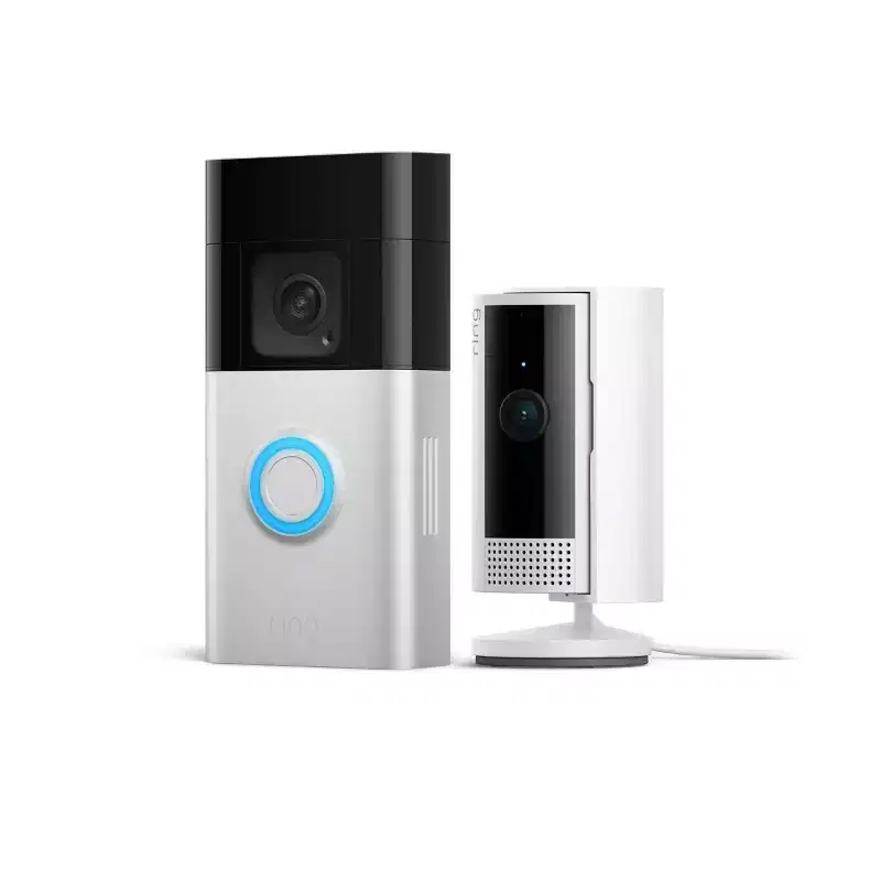 Ring Essential Security Set with Battery Doorbell Plus and Indoor Cam - Satin Nickel and White: Motion Activated, Controlled by Smartphone App