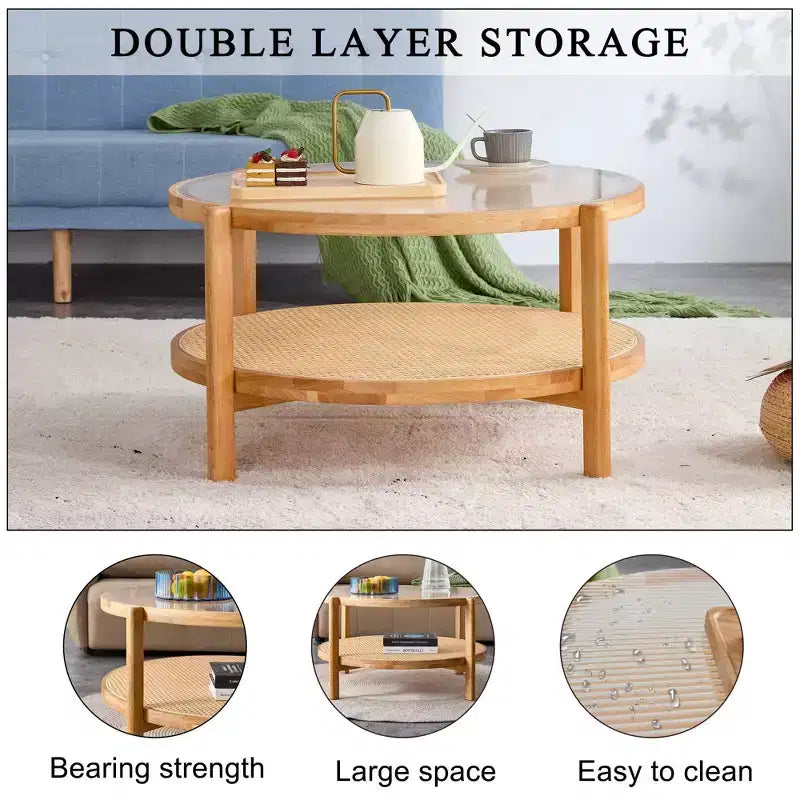 Coffee Table, Wood Modern Minimalist Round Double-Layer  Woven Rattan Chinese Style End Table for Living Room/Dining Room/Bedroom
