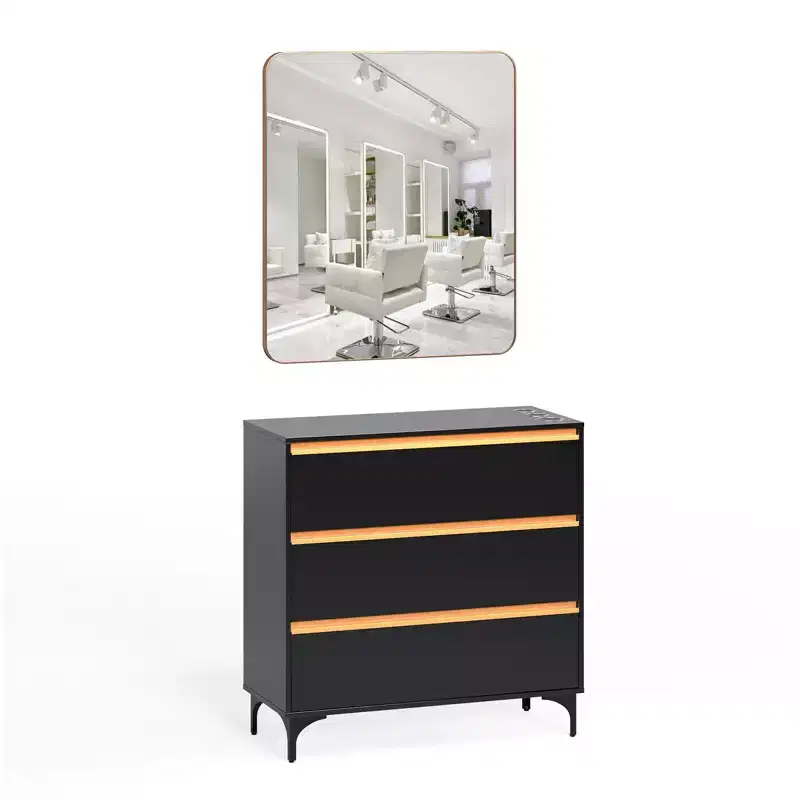 Karl Home Black Salon Styling Storage Station with Square Mirror and 3 Drawers