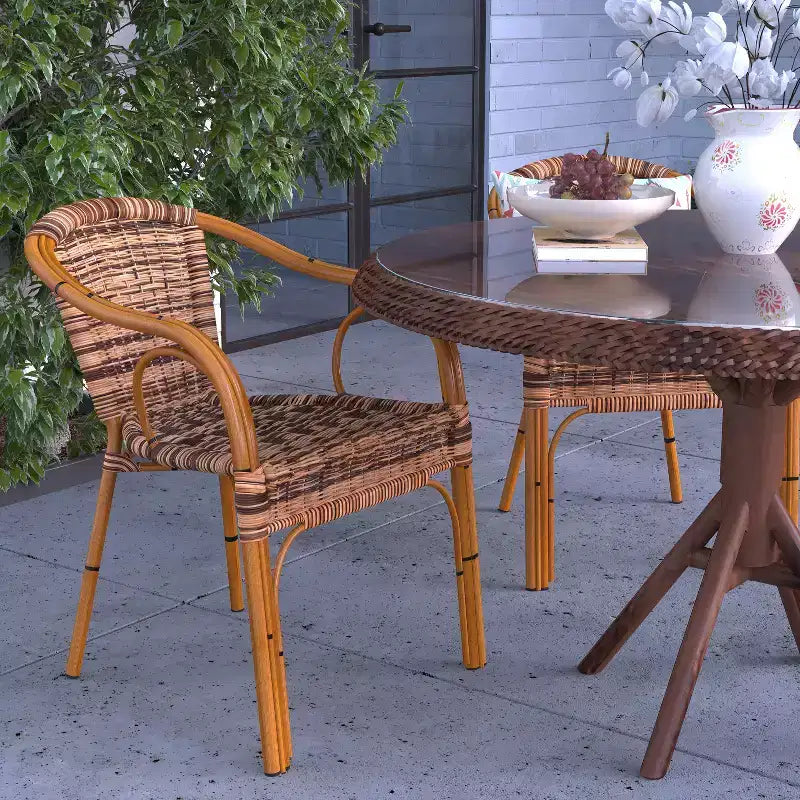 Merrick Lane Esna Series Stacking Rattan Patio Chair with Bamboo Look Aluminum Frame and Integrated Arms