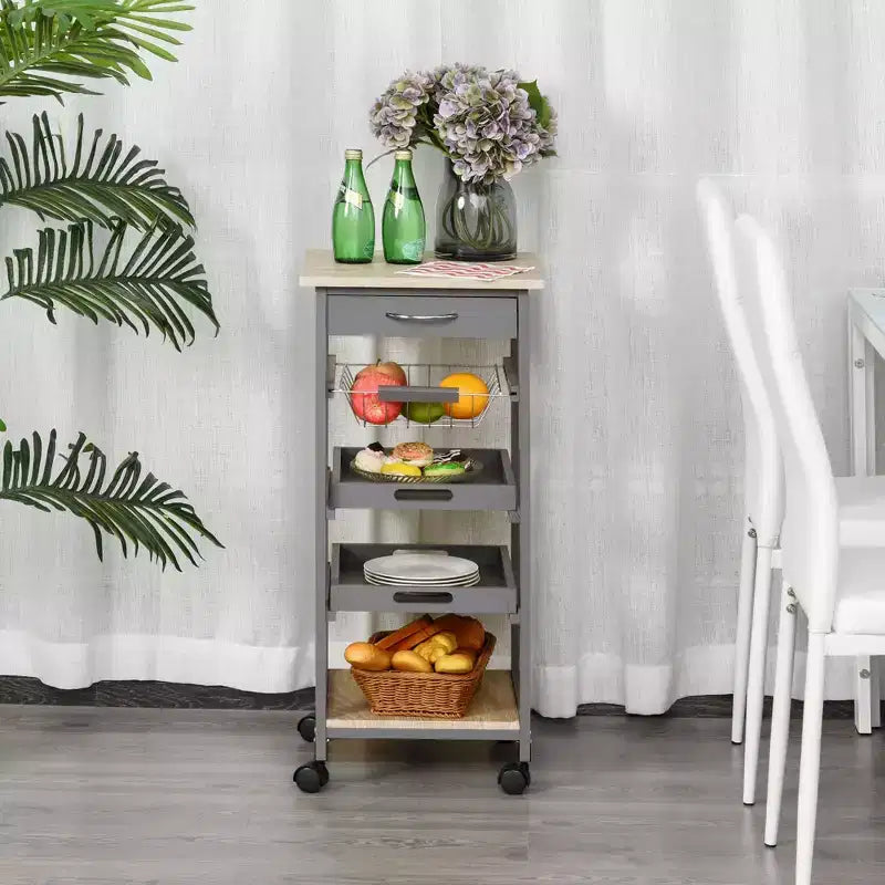 Mobile Rolling Kitchen Island Trolley Serving Cart with Underneath Drawer & Slide-Out Wire Storage Basket