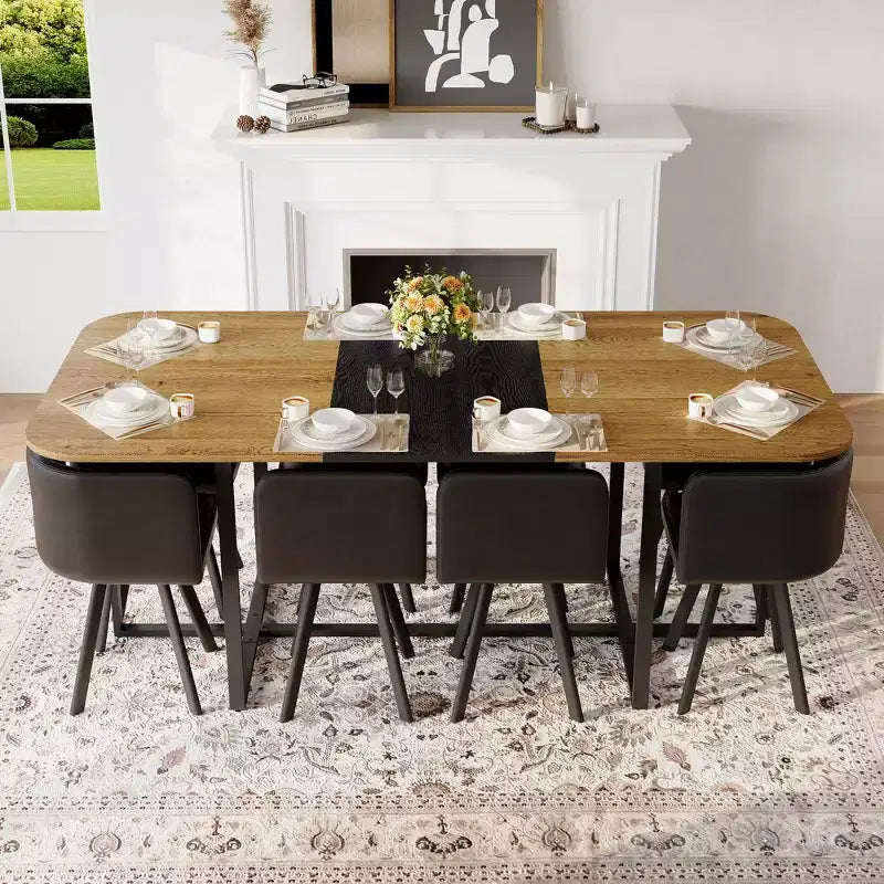GDFStudio Vicente Modern 9 Piece Metal Faux Leather Upholstered Dining Set with Wooden Table