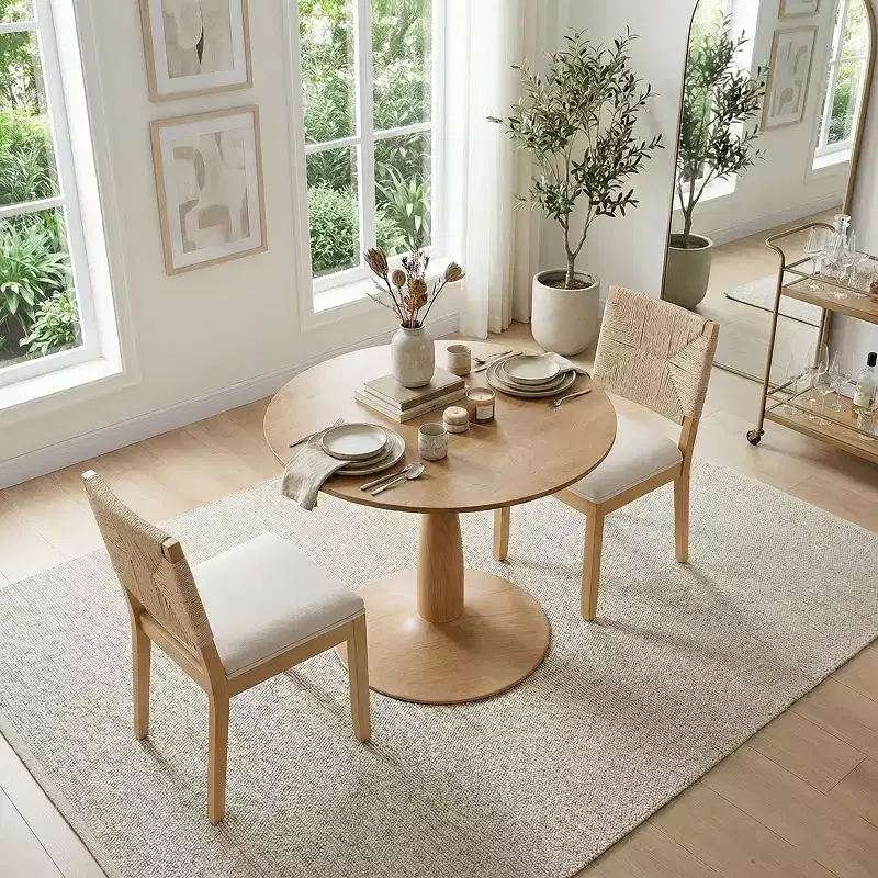 3-Piece Modern Dining Table Set, Round Pedestal Table and 2 Wood Chairs with Woven Backrest, Kitchen Dining Set for Small Dining Room-Panipeachy