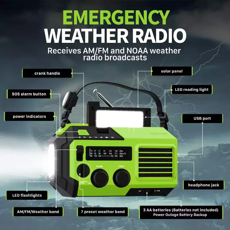 FosPower Emergency Solar Hand Crank Radio for with AM/FM/WB Flashlight, Reading Lamp, Weather SOS Alarm, IPX3 & 5,200mAh Power Bank - Lime Green