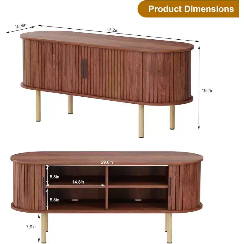 Modern TV Stand with Sliding Doors, Wood Media Console with Adjustable Shelves for Living Room