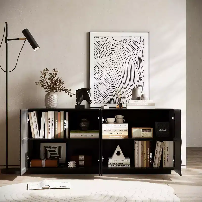 59 Modern Spiral Sideboard Buffet Cabinet, Low Profile Art Entryway Storage Cabinet with 3D Ripple Texture Doors