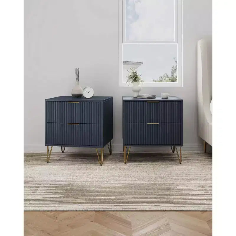Manhattan Comfort Set of 2 Dumbo 2 Drawer Nightstands Midnight Blue: Modern Style, MDF, Metal Glides
