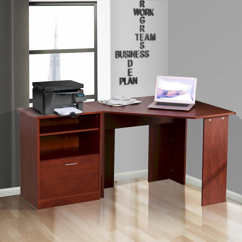 L-Shaped Corner Desk with Printer Cabinet and Storage