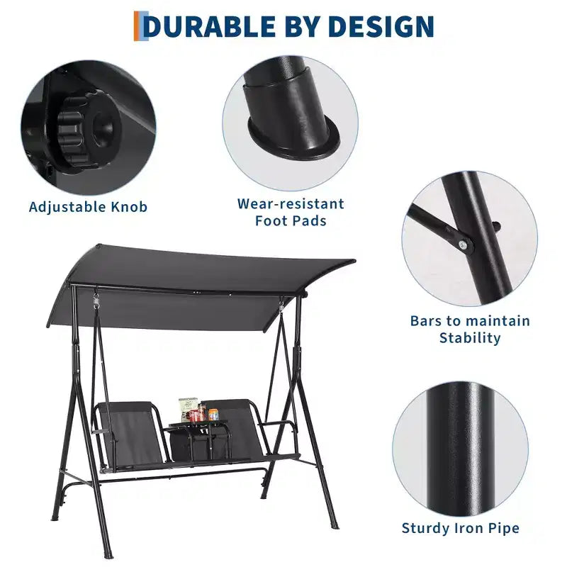 2-Person Outdoor Porch Swing with Canopy, Cup Holders & Pivot Storage Table, Weather-Resistant Steel Frame