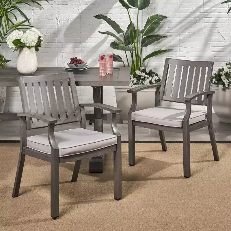 Outdoor Modern Aluminum Dining Chair with Cushion (Set of 2), Dark Gray and Silver