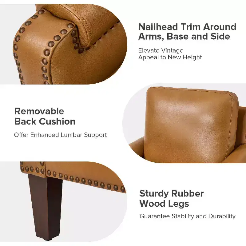 Hellmuth Genuine Leather Armchair with Removable Cushion and Nailhead Trims | HULALA HOME