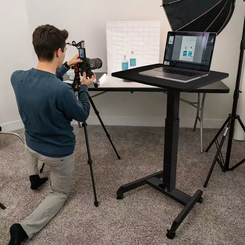 Height Adjustable Rolling Laptop Desk with Wheels | 23.6 x 20.5 | Sit Stand Mobile Workstation Cart w/ Pneumatic Spring Lift | Black