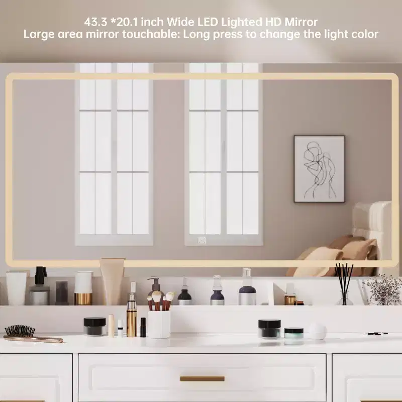 Homesflex 43 White Vanity Desk with Mirror, LED Lights, Power Outlet, 3 Light Modes, 7 Drawers, and Chair for Bedroom or Dressing Room