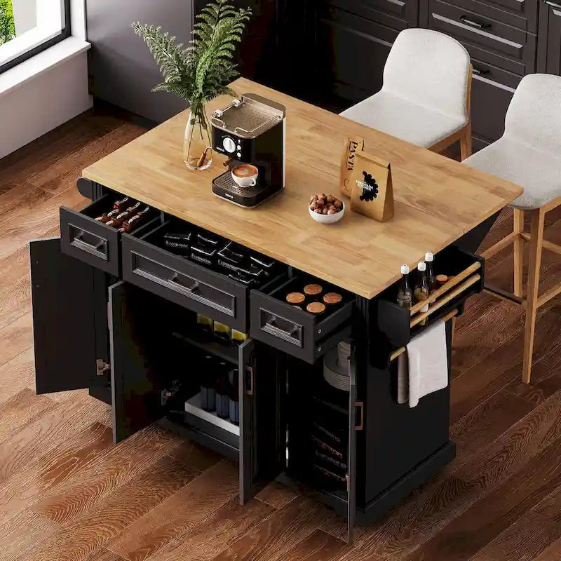 54  Large Kitchen Island with Rubber Wood Drop Leaf, Embossed Texture Rolling Kitchen Cart on 4 Wheels with 4 Doors & 3 Drawers