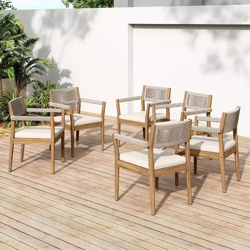 Christopher Knight Home Lillia Modern Coastal Patio Acacia Wood Woven Rope Dining Chairs (Set of 6)