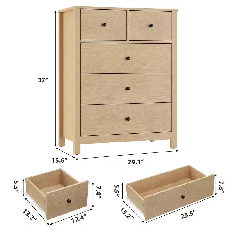 Natural Oak Dresser for Bedroom, 5 Drawer Dresser with Deep Drawers, Modern Wooden Double Chests of Drawers for Kids Bedroom, Entryway, Hallway