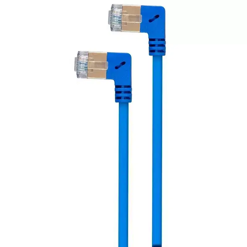 Monoprice SlimRun Cat6A Ethernet Network Cable/Cord - Blue - 2 Feet | 90 Degree Angled, 36AWG, S/STP