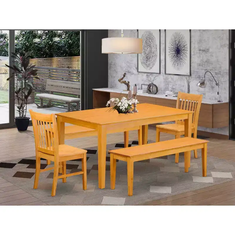 HomeStock 5-Piece Rectangle Natural Oak Finish Solid Wood Top Dining Table with 2 Benches, 2 Chairs
