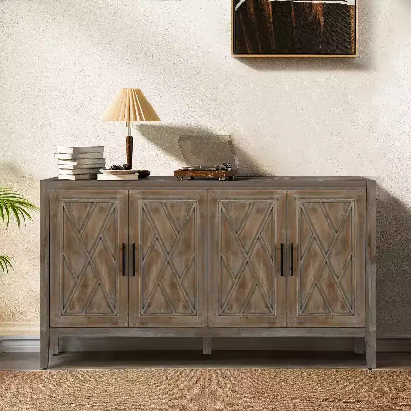 Okak 60in Vintage Accent Cabinet, Sideboard Cabinet with Four Carved Patterns Doors, Storage Cabinet for Kitchen, Dining Room, Entryway