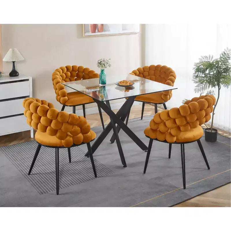 Square Dining Table with Cross Metal Leg and Tempered Glass Top, 90x90x75cm, Modern Space-Saving Design for Kitchen or Living Room