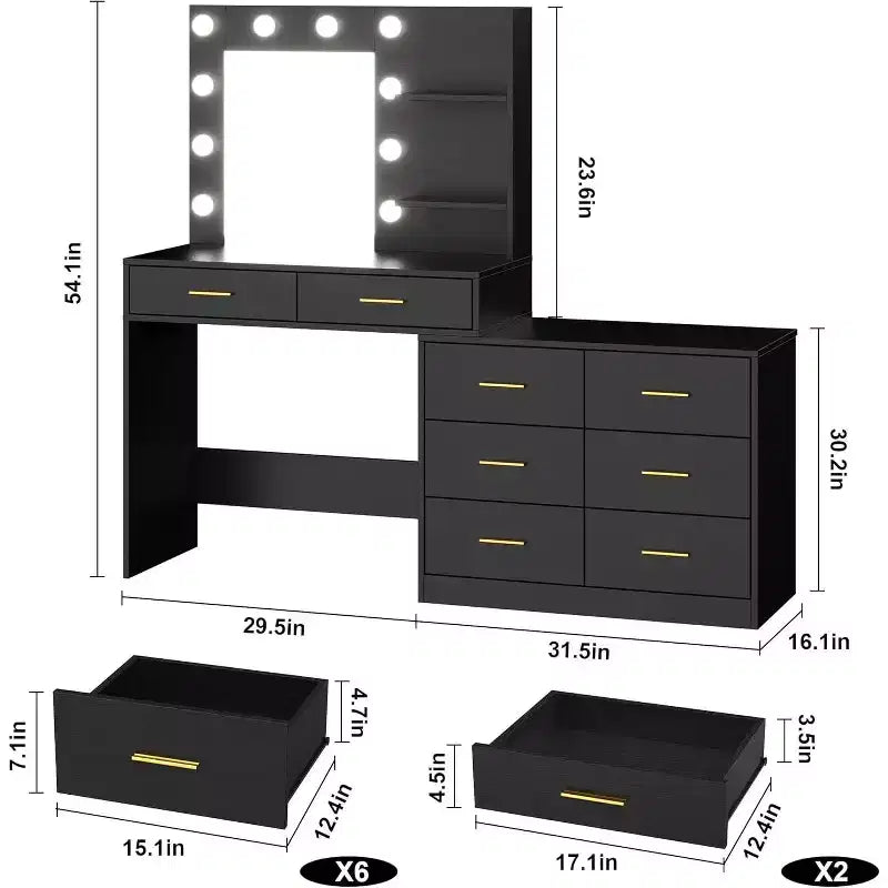 61 Makeup Vanity Desk with Mirror & Lights, 8 Wide Drawers & 2 Shelves, 3 Lighting Modes, Adjustable Brightness