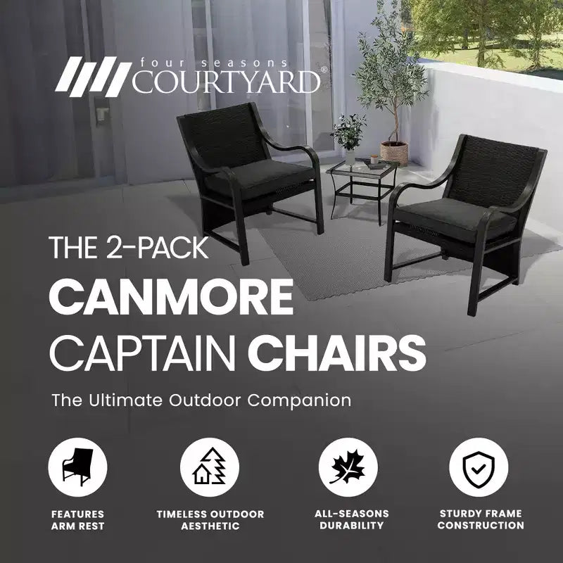 Four Seasons Courtyard Canmore Captain Outdoor Patio Arm Chair Backyard Furniture Set with Olefin Cushions & Supportive Aluminum Frame, 2 Pack, Black