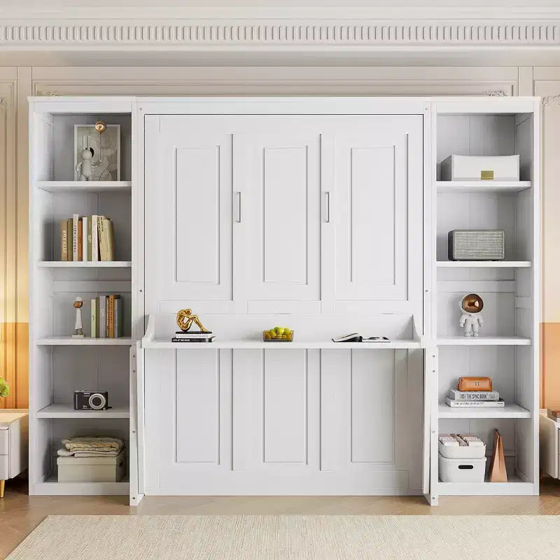 Queen/Full Size Wooden Murphy Bed with Desk and Storage Shelves, White -ModernLuxe