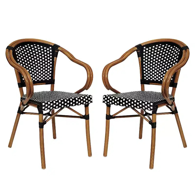 Flash Furniture 2 Pack Bordeaux Indoor/Outdoor Commercial Bistro Stacking Chair with Arms, PE Rattan and Bamboo Print Aluminum Frame