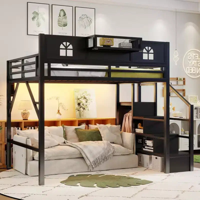 Whisen Metal Full Size Loft Bed with Stairs, High and House Shaped Guardrails & Wardrobe for Kids Teens