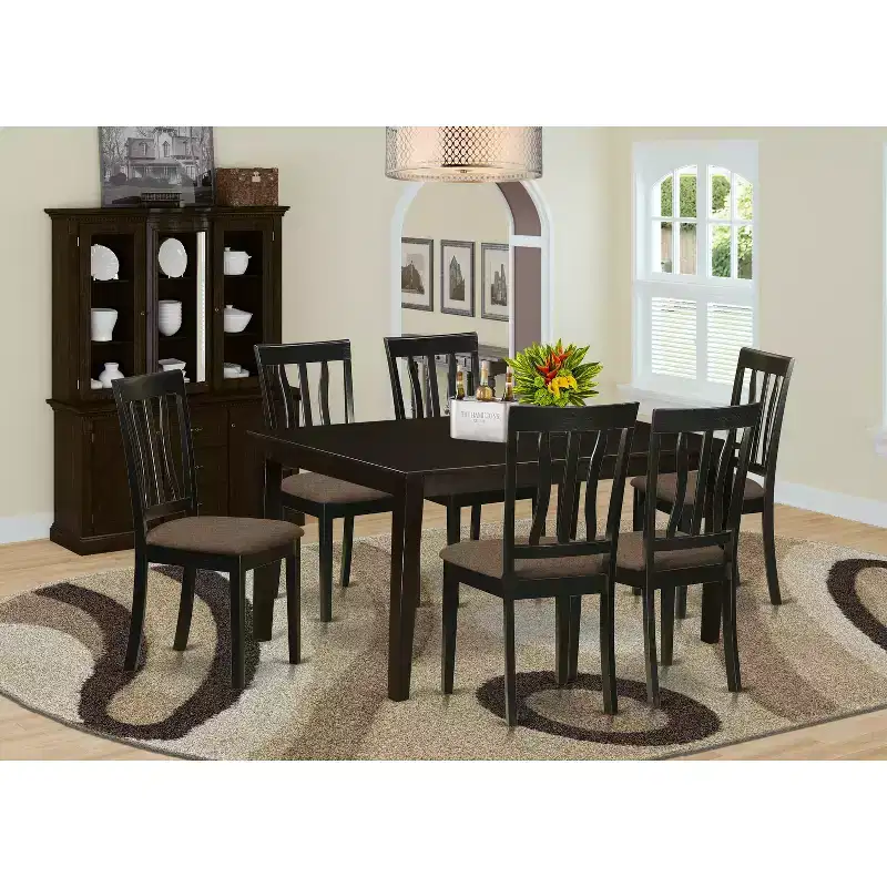 Dining Room Table Set 7 Piece - Rectangle Kitchen Table & 6 Linen Chairs - Cappuccino Finish