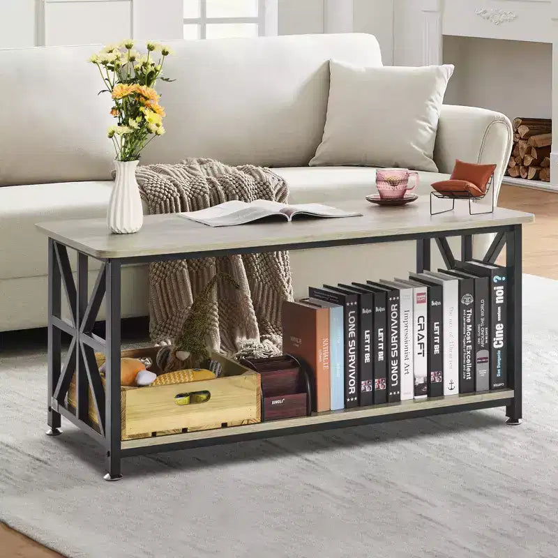 VEVOR 40 Farmhouse Coffee Table, Rectangle Coffee Table with Open Storage Compartment, Wooden Rustic Cocktail Table, Brown & Black