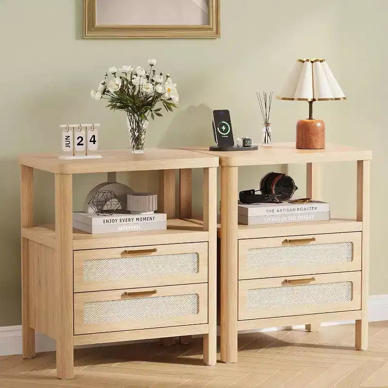 Rattan Nightstands Set of 2, Large Nightstands with Drawers and Storage Shelf, Farmhouse Bedside Table for Bedroom Living Room, Natural