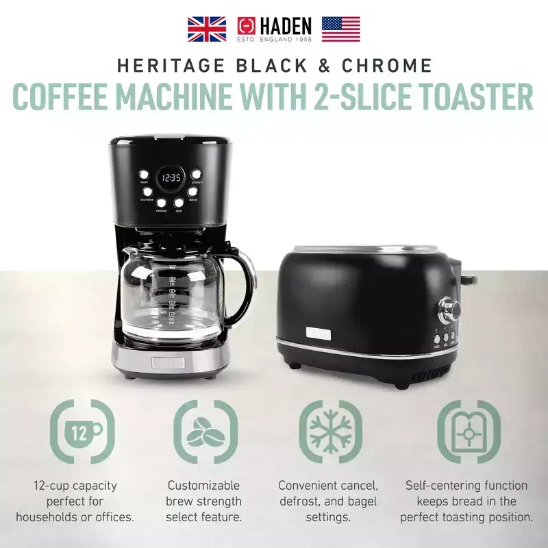 Haden 12 Cup Programmable Drip Coffee Maker Coffee Machine Bundled with Heritage 2 Slice Wide Slot Stainless Steel Toaster, Turquoise & Chrome